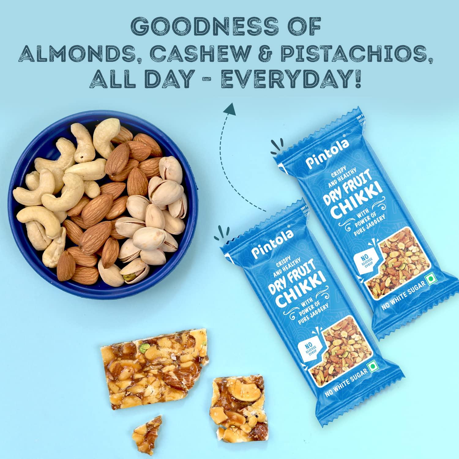 Pintola Pintola Dry Fruit Chikki Jar | Pack of 13 pcs | Dry Fruit Bar,Made with Jaggery | No Glucose Syrup | No Preservatives | Gluten Free | Indian Sweets | Gajak | (25g Each x 13N = 325g)