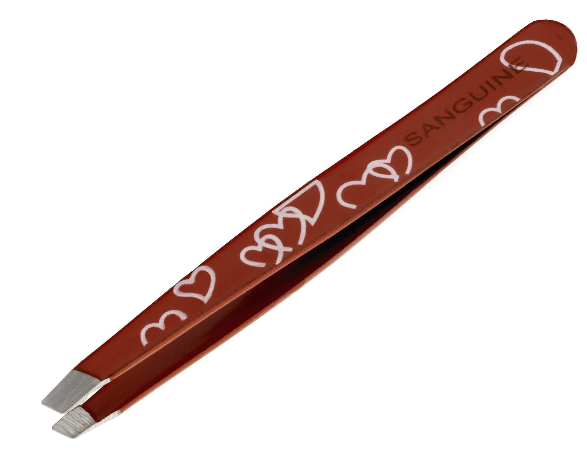 Sanguine Red-Hearts : Professional Eyebrow Tweezers, Slanted, Hair Removal Tweezers, Red Heart Tweezer (Red-Hearts)