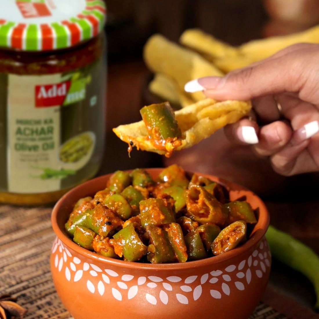 Add me Add me Home Made Green Chilli Pickles in Extra Virgin Olive Oil, 500 gm Mirch ka Achar 500gm Glass Jar