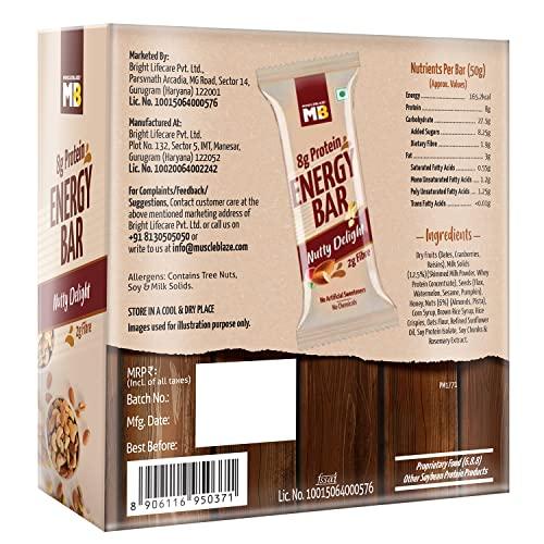 MuscleBlaze MuscleBlaze Energy Bar, Nutty Delight, 6 Bars (50 g Each), 8 g Protein, Healthy Snacks with Whey Protein Concentrate, Dry Fruits, Almonds, Pista, & Soy Protein Isolate, No Artificial Sweeteners