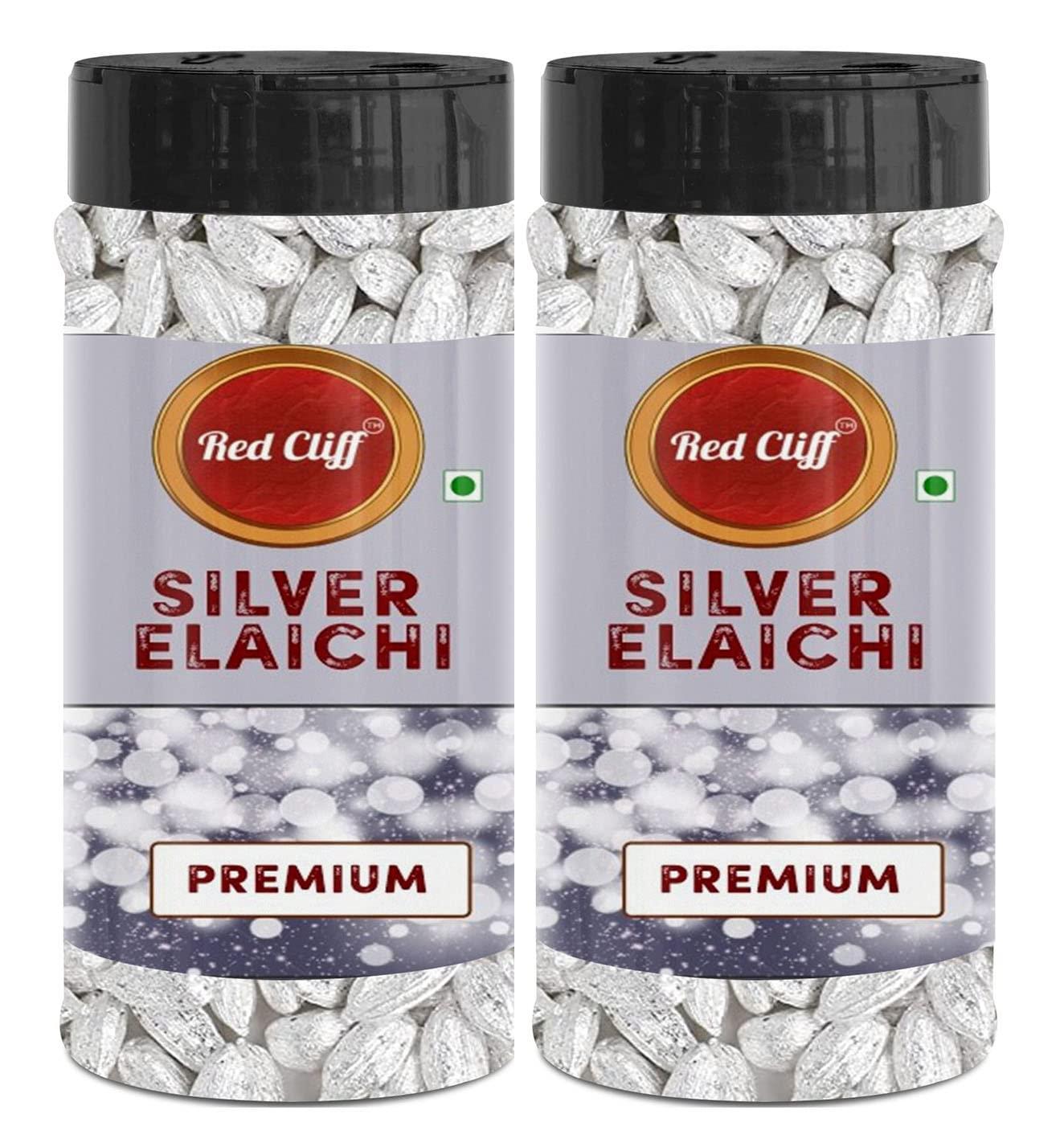 RED CLIFF RED CLIFF Pure Silver Coated Elachi, Silver Varq Coated, Grade A Plus, | Elaichi Mouth Freshener | Pack Of 2 | 100gX2 | (Silver Elaichi 200g)