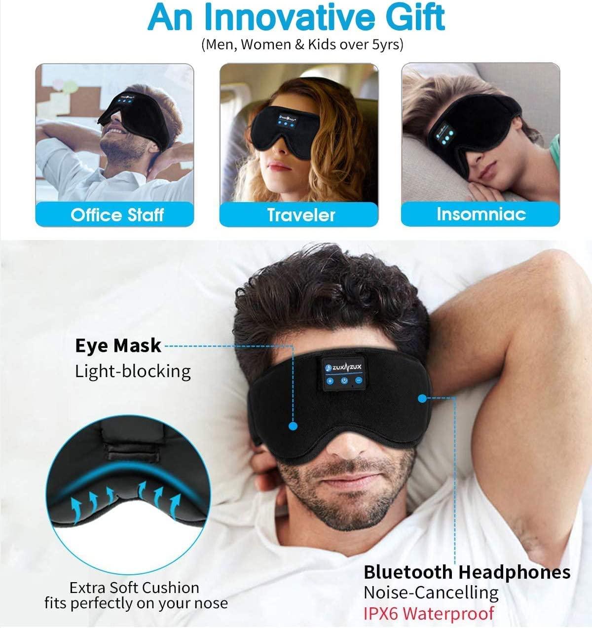ZUXNZUX Sleeping Headphones Bluetooth Eye Mask, ZUXNZUX 3D Sleep Mask Adjustable Bluetooth Music Eye Mask for Side Sleepers, Yoga, Insomniac, Air Travel, Meditation