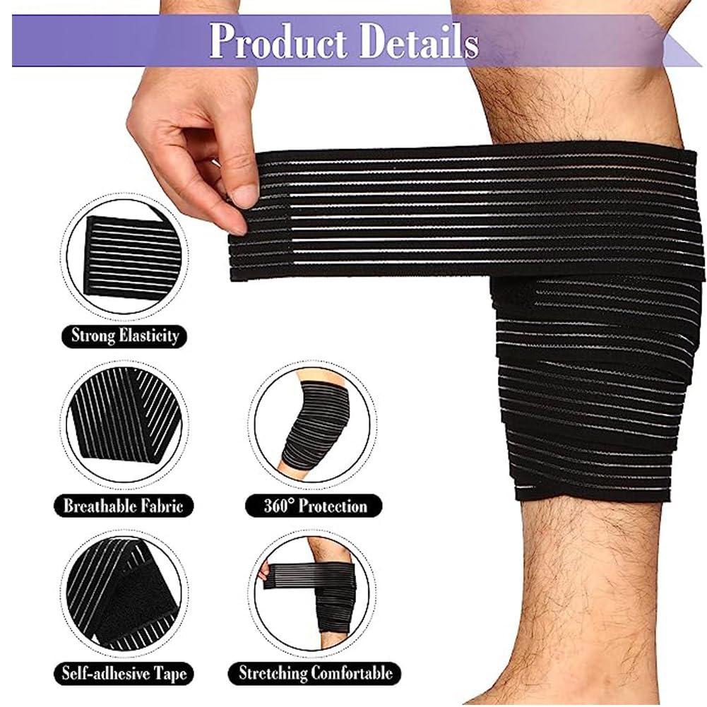 Elegious Extra Long Elastic Knee Wrap Compression Bandage Brace Support for Legs, Plantar Fasciitis, Stabilising Ligaments, Joint Pain, Squat, Basketball, Running, Tennis. (BLACK, 2)