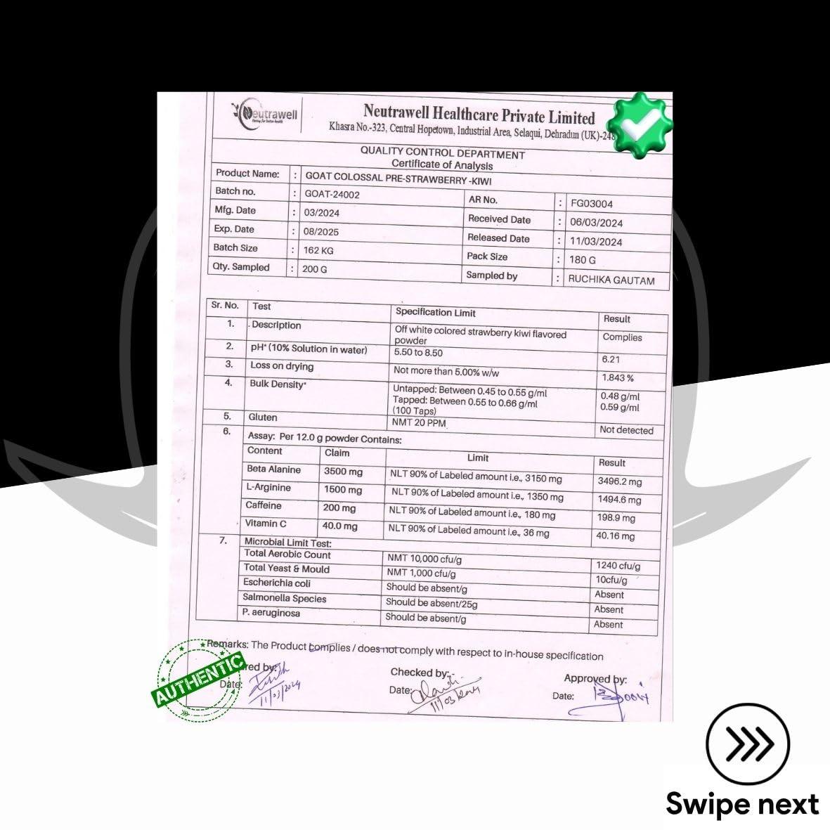 G.O.A.T Fit G.O.A.T Fit Colossal Pre | PreWorkout Powder (Strawberry Kiwi 180gm 15 Servings) 200mg Caffeine 3.5g Beta-Alanine 3g Citrulline 1.5g Arginine 1g Creatine with Himalayan Pink Salt