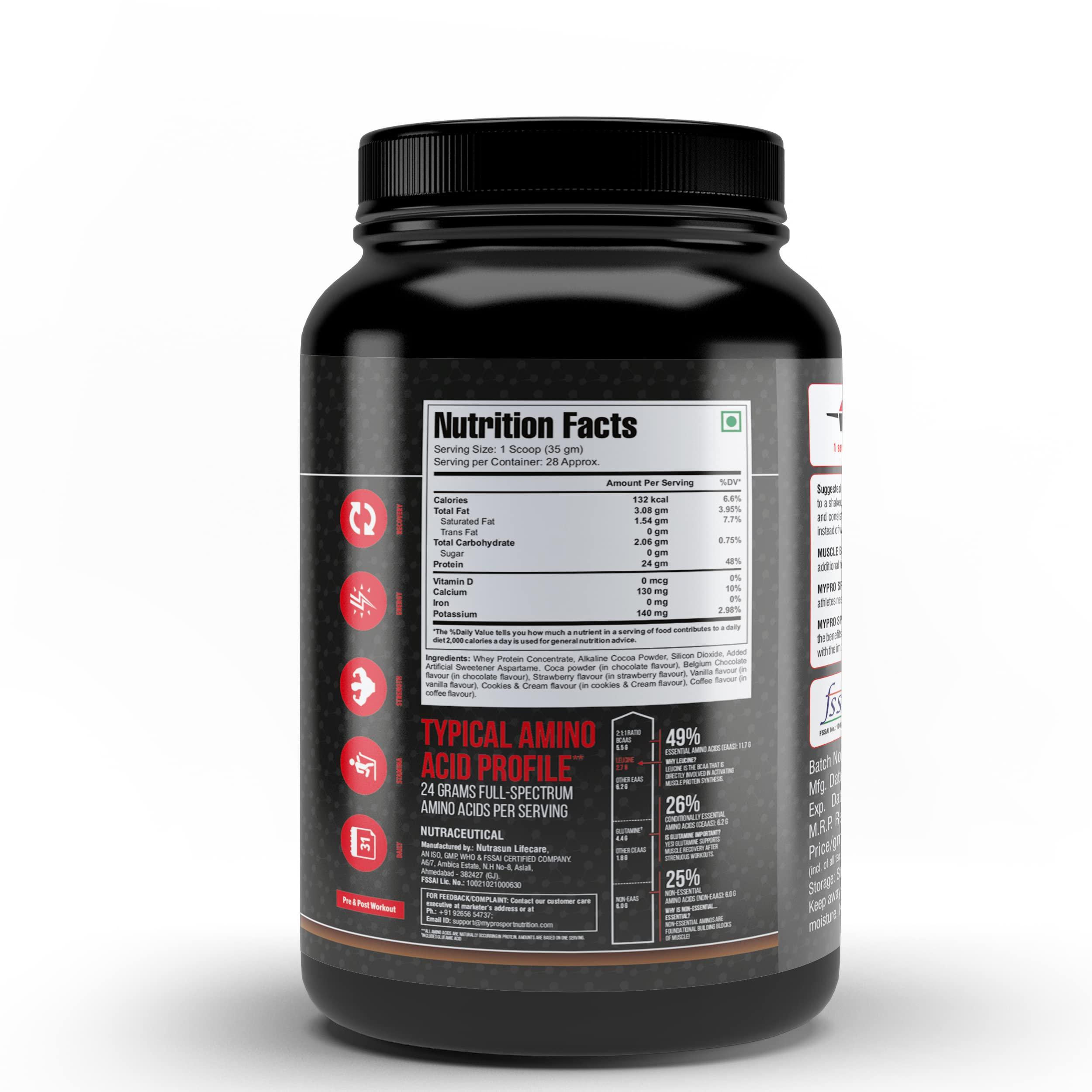 Mypro Sport Nutrition Mypro Sport Nutrition 100% Whey Protein Concentrate (24g Protein, 0g Sugar,5.5G BCAA,) Belgium Chocolate Flavor For Men And Women (1000 gm)