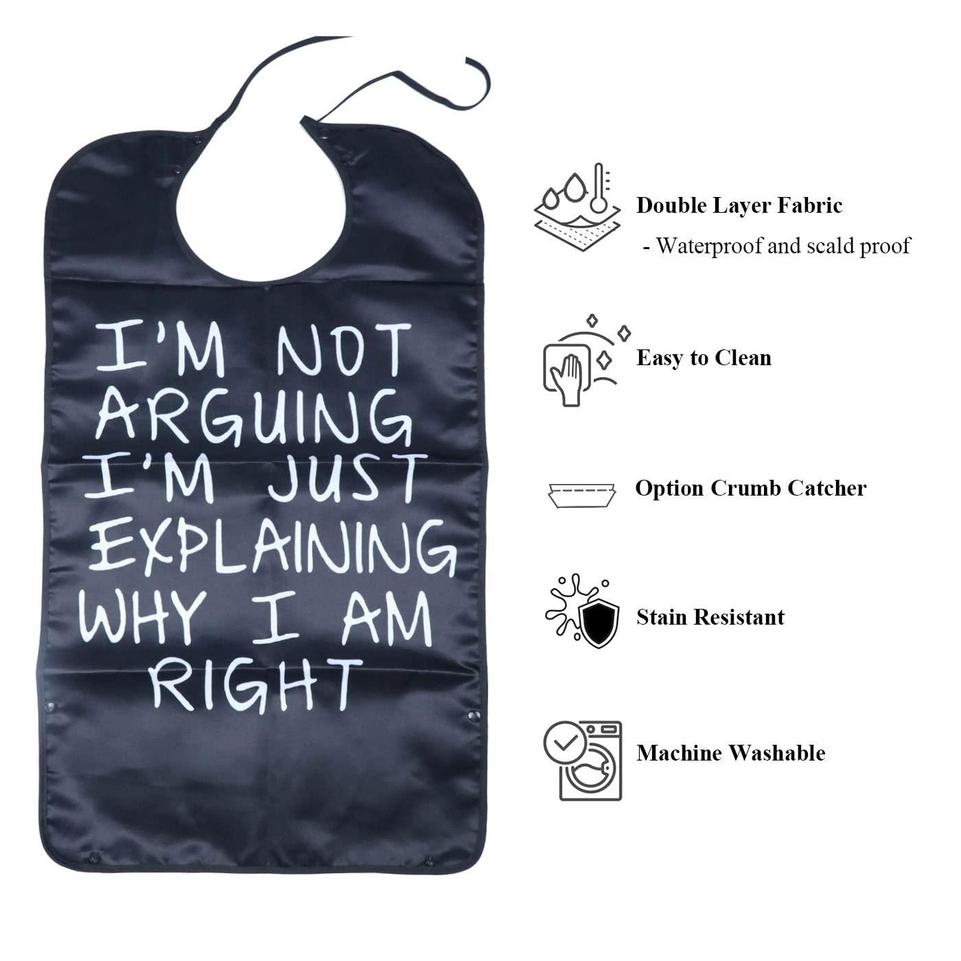 HZYAMZ Funny Adult Bibs for Men/ Women, Washable Waterproof Adult Bib for Eating with Crumb Catcher (Black-I\'M RIGHT)
