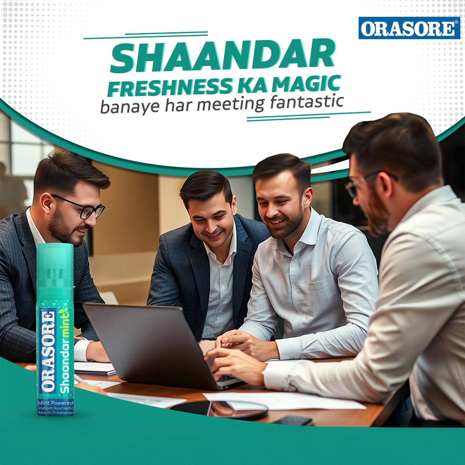 ORASORE Shaandar Mint Instant Mouth Freshener Spray by Orasore | Pudina, Aloe Vera, Peppermint, Cinnamon, Clove & Elaichi | Amazing Cool Breath Freshening with Zero Calories & Anti Bacterial Protection | 15g Pack