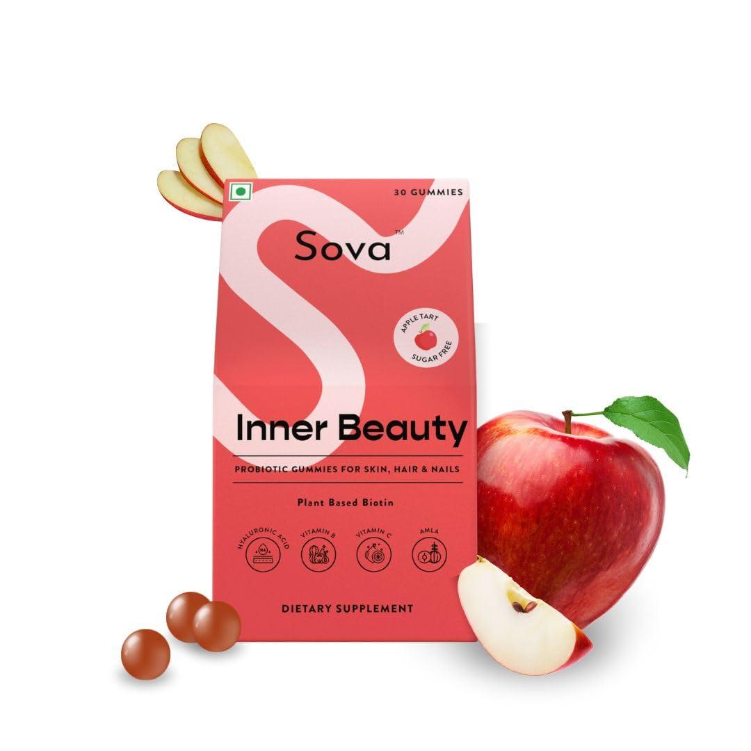 SOVA Sova Probiotic Plant Based Biotin Gummies | Acne Prevention & Glowing Skin | Prebiotics + 5 Billion CFUs Probiotics |10000 mcg Plant-Based Biotin, Hyaluronic Acid, Vitamin C, Amla | 30 Vegan Sugarless Gummies | Inner Beauty