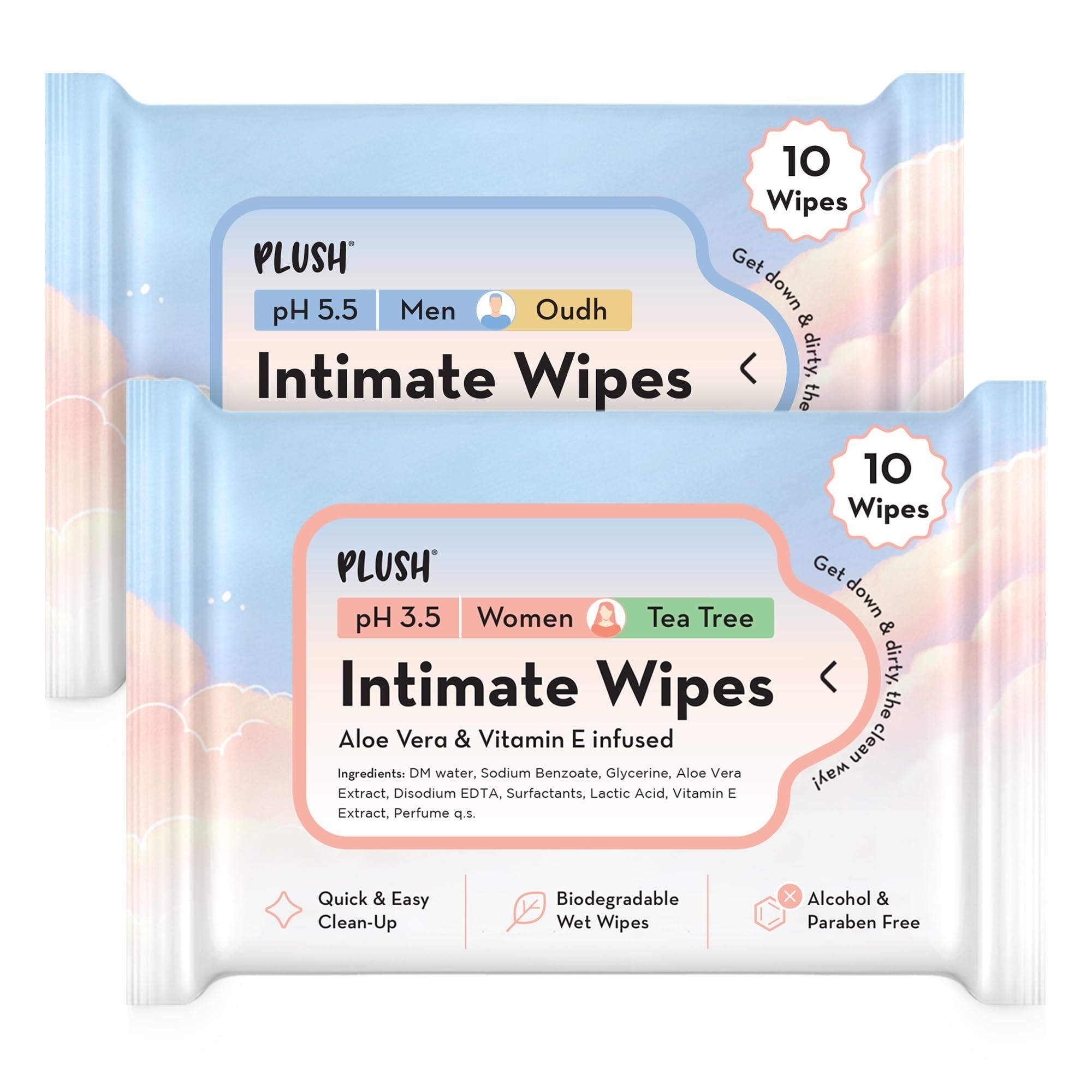 PLUSH Plush Dotted Condoms(10 count) & Play Intimate Wipes For Women & Men (Pack of 10) Combo