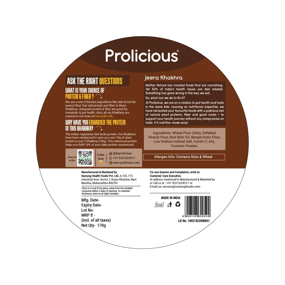 Prolicious Prolicious 2X Protein Jeera Khakra | NO Palm Oil | Crispy | Ready to Eat | Flavourful | High Protein Healthy Anytime Snack (Pack of 4, 170 Grams each)