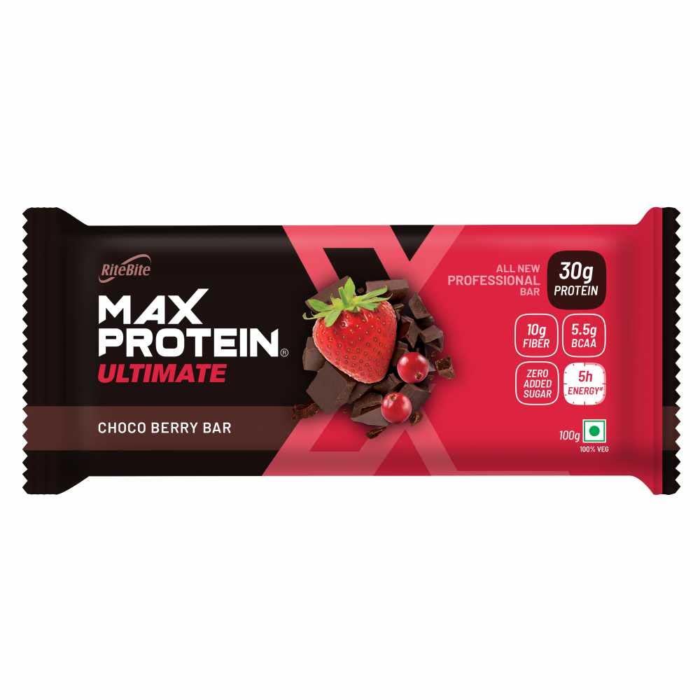 RiteBite Max Protein RiteBite Max Protein Ultimate Choco Berry Protein Bars with 30g Protein, 10g Fiber & 21 Vit. & Minerals | 0 Added Sugar, No Cholesterol & Trans Fat For Upto 5h of Energy, Healthy Snack, 100g (Pack of 3)