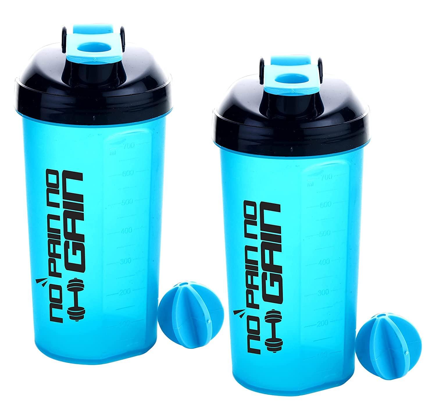 Atipriya Atipriya No Pain No Gain Sports Gym Fitness Shaker Bottle Perfect for Protein Shakes and Pre Workout with Plastic Whisk Mixer Ball for Smooth Mix & Markings | 700 ml Approx Each,Pack of 2