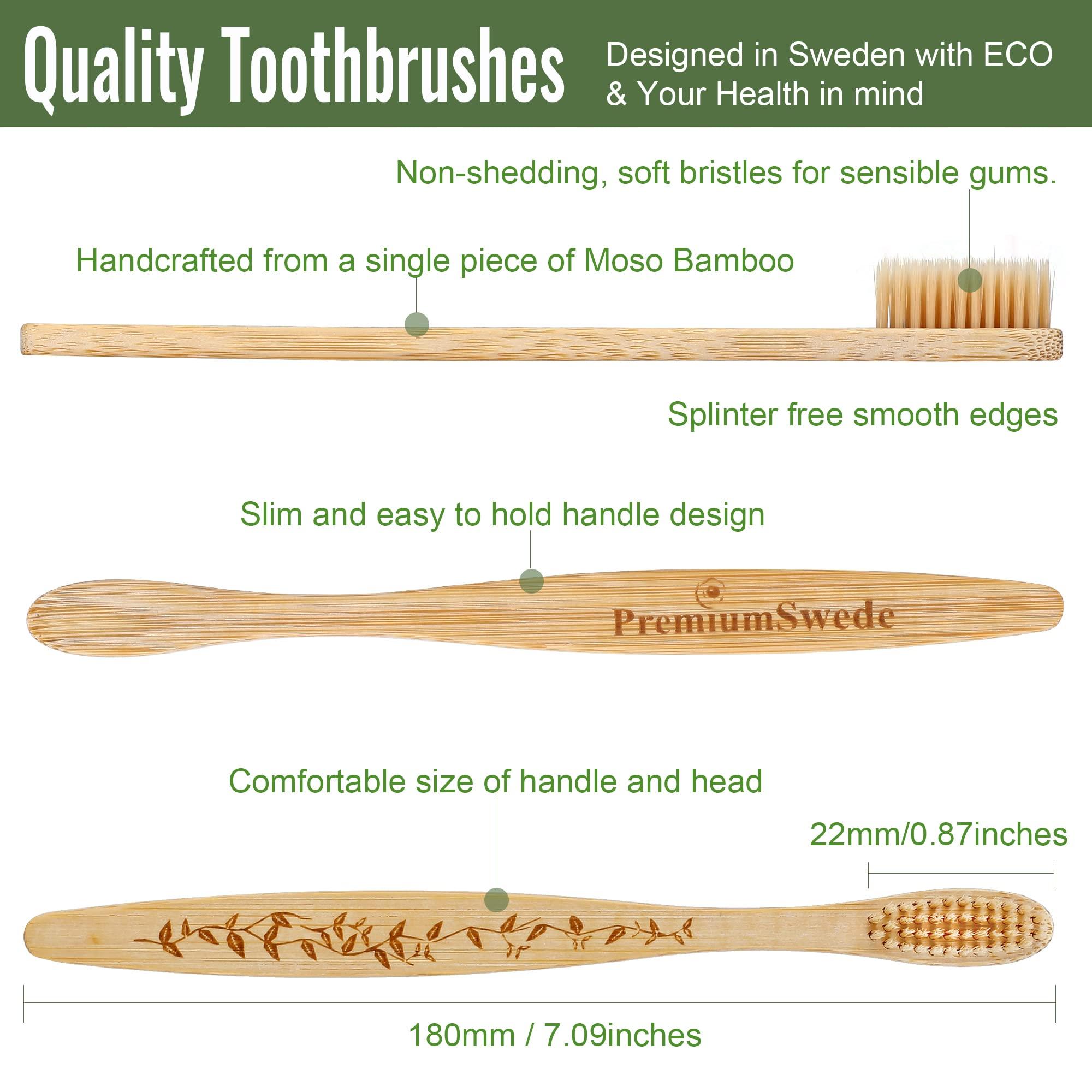 Premiumswede Bamboo Toothbrushes Biodegradable Eco Friendly - Natural Wooden Toothbrush with Soft Bristles - for Kids, Adults - Family 10 Pack