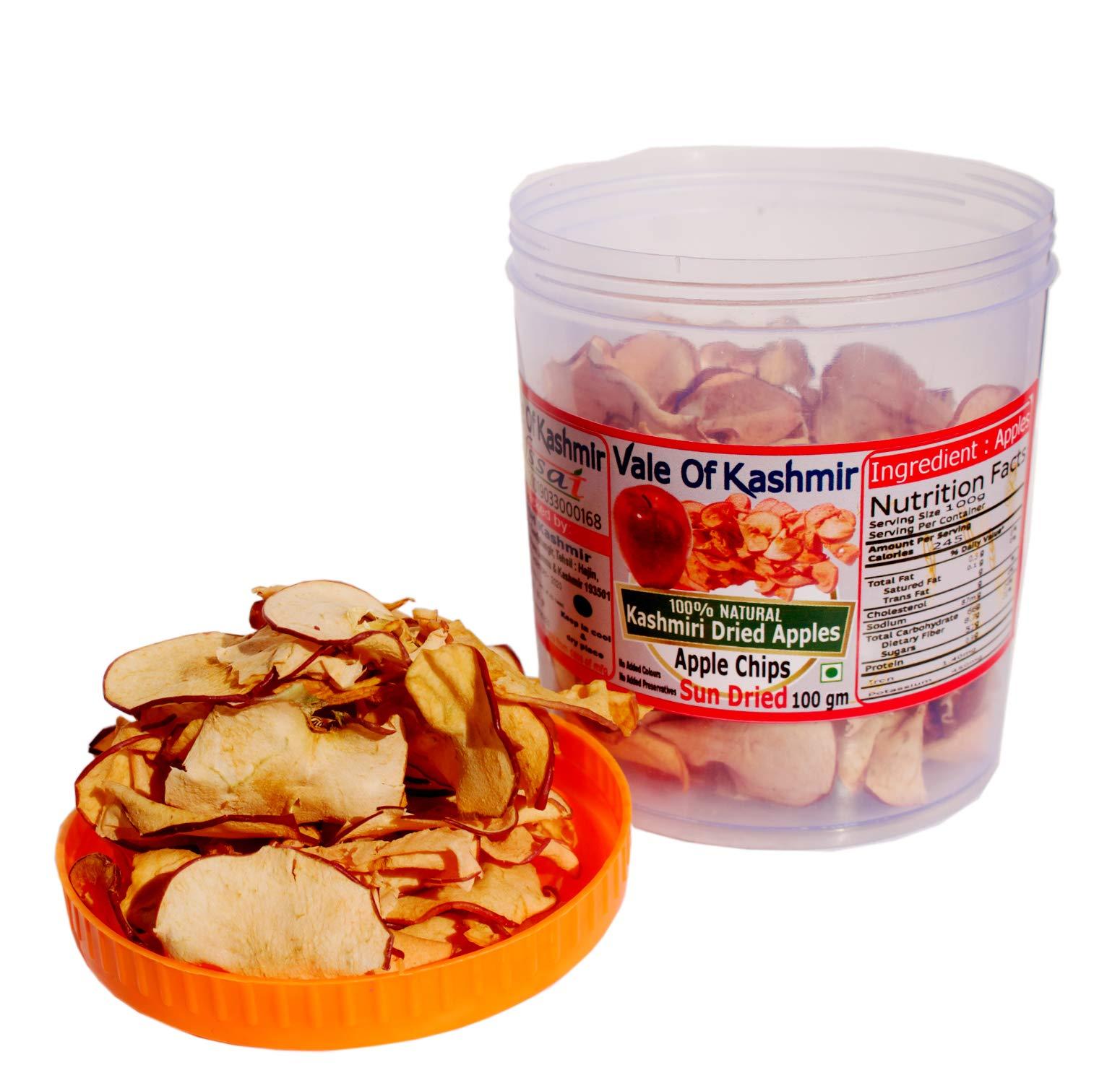 Vale Of Kashmir Vale Of Kashmir Apple Chips Slices Dried 100 gm in Food Grade Jar | Dry Apple 100% Natural No Added Flavours No Added Preservatives | Best Source of Fibre