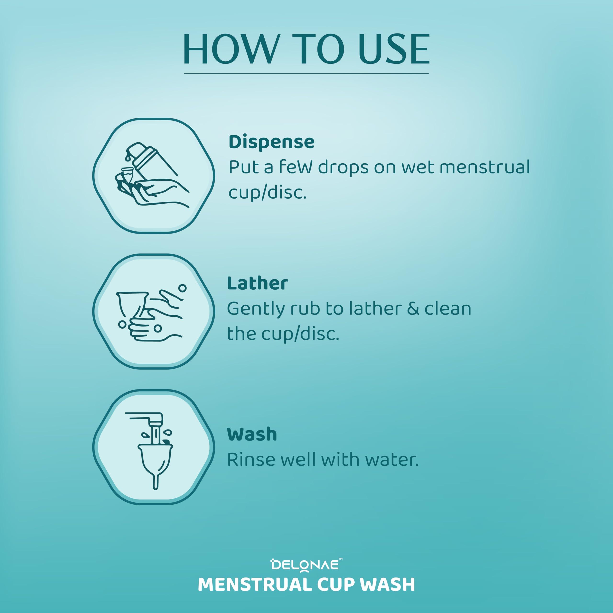 Delonae Menstrual Cup Wash Liquid -100ml | Plant based | pH balanced | Sulphate Free, Formaldehyde Free, Paraben Free | Healthy and Safest way to Sterilize your Period Cup