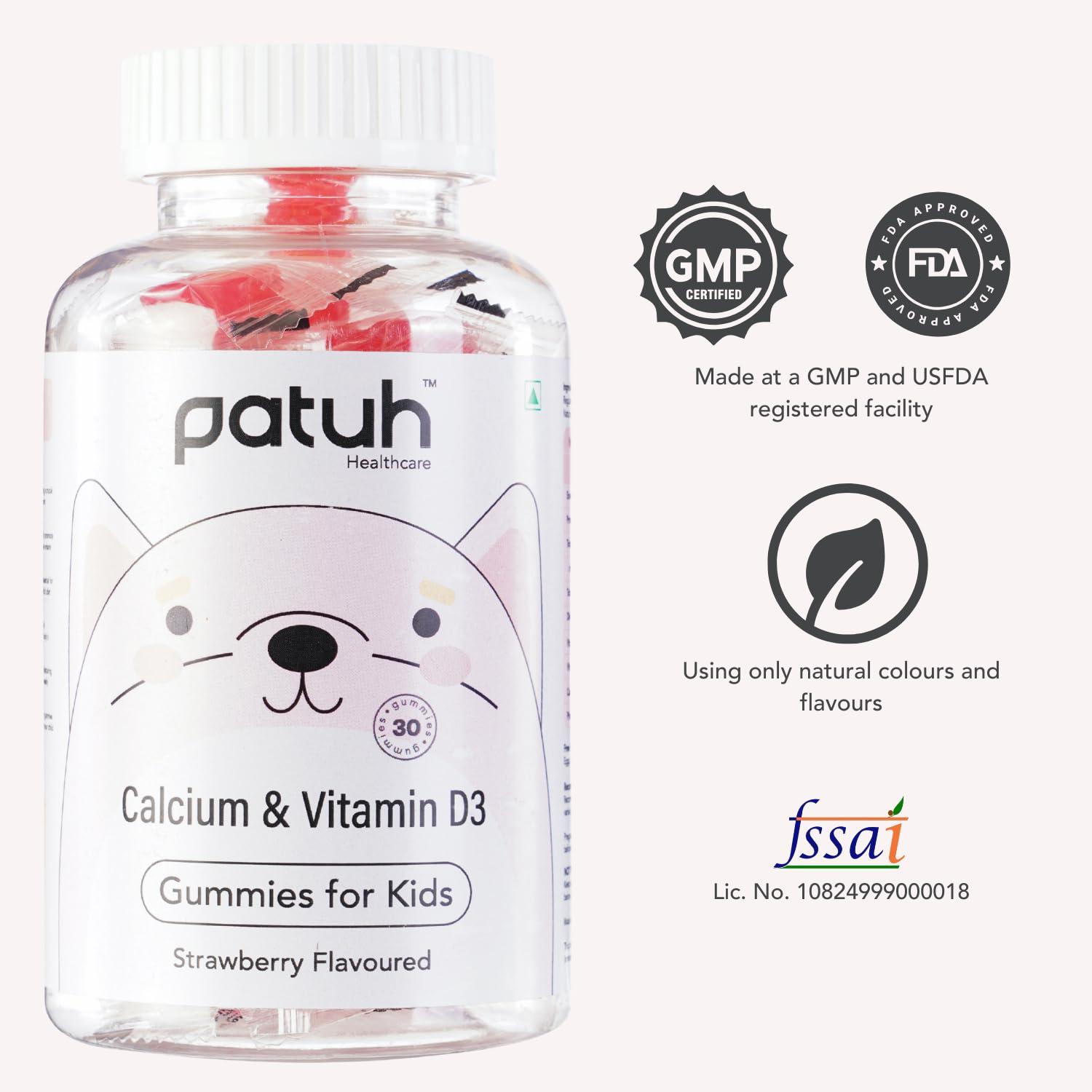 PATUH HEALTHCARE Patuh Healthcare Calcium and Vitamin D3 Gummies for kids (4 years+) | 30 Day Pack | Calcium and D3 Gummies for Kids | 100% Vegetarian, Natural Strawberry flavour