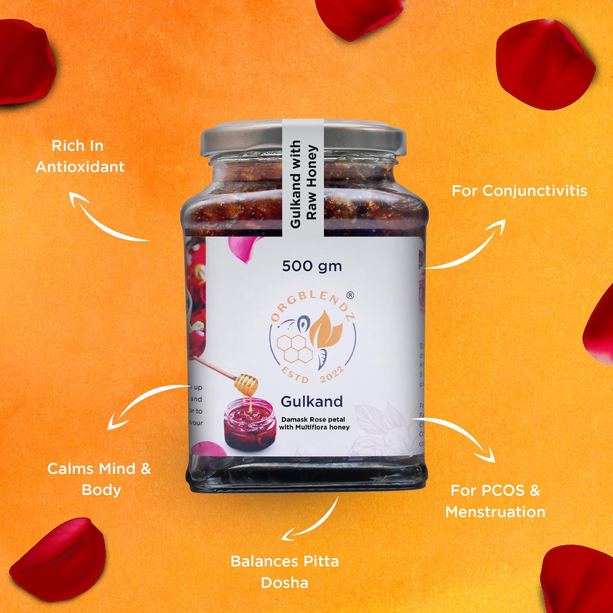 ORGBLENDZ ORGBLENDZ- Gulkand Organic without Sugar 500Gm |Sugarfree Jam| Honey with rose petals Sun Cooked|Good for Gut Health | Natural Coolant | No artificial chemicals or preservatives