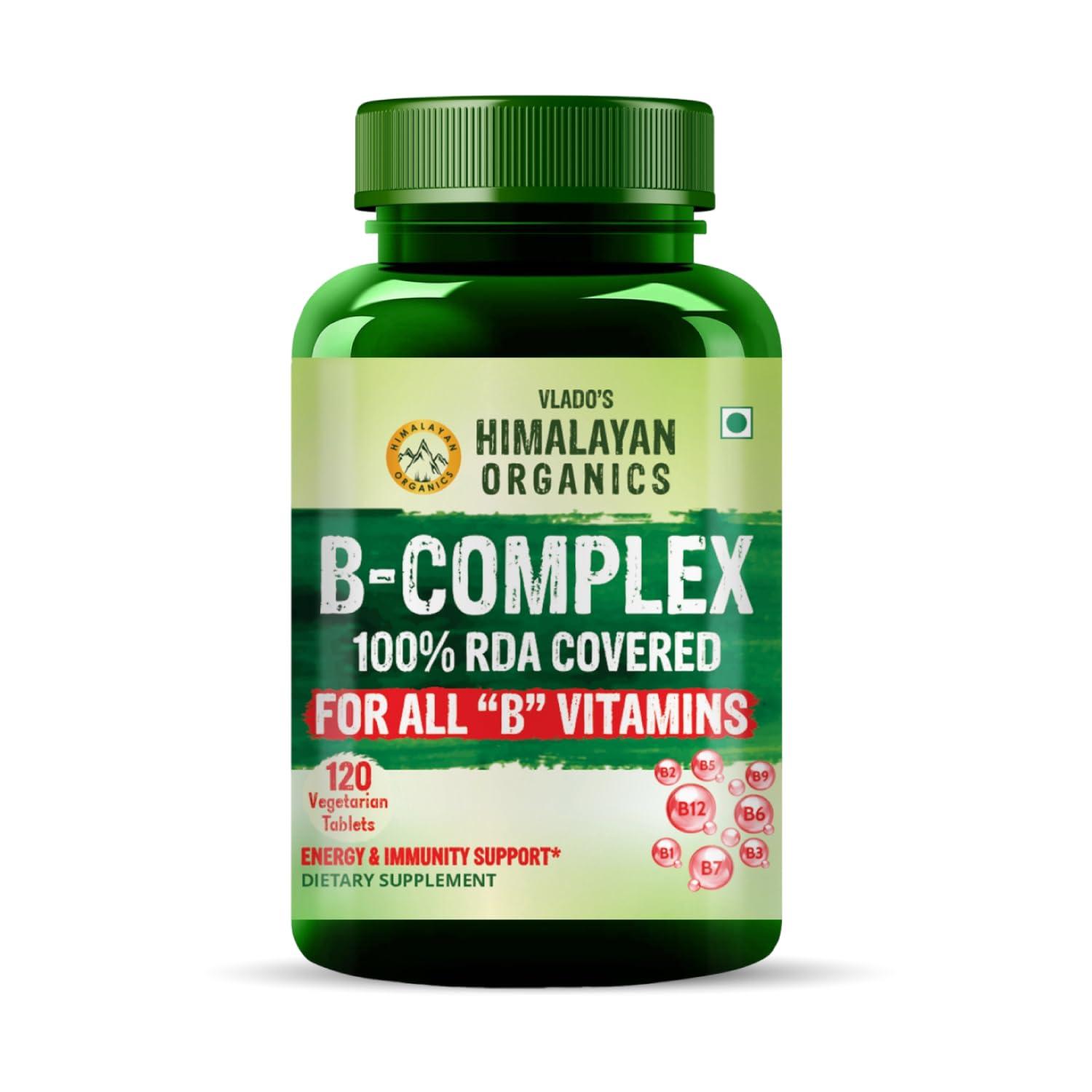 HIMALAYAN ORGANICS Himalayan Organics Vitamin B Complex with 100% RDA B1, B2, B3, B5, B6, B7, B9 & B12 | Hair Growth, Energy & Immunity | Youthful Skin - 120 Veg Tablets