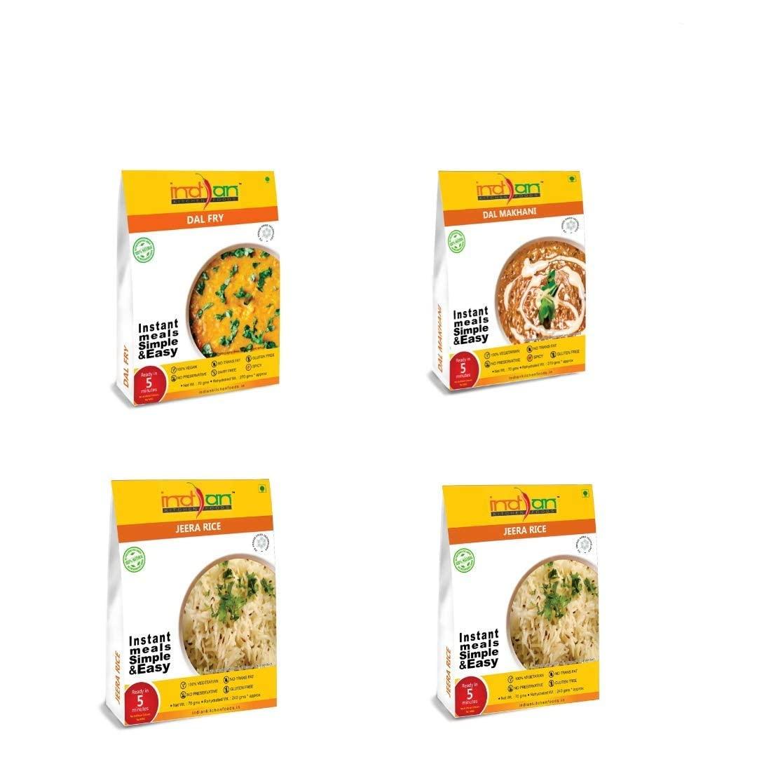 Indian Kitchen Foods Indian Kitchen Foods Freeze Dried Gluten-Free Ready to Eat Food | Instant Vegetarian Meal - Dal Rice Combo (2xJeera Rice, Dal Fry and Dal Makhani), Pack of 4
