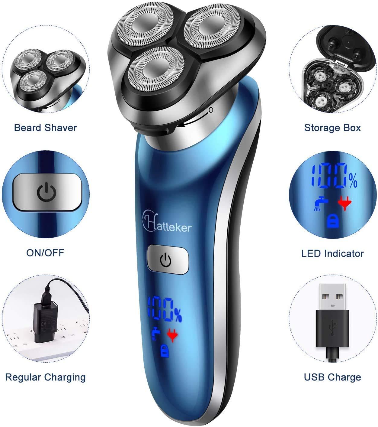 Hatteker Hatteker 4 in 1 Electric Cordless Wet Dry Face Brush Rotary Shaver, Trimmer for Men for Beard, Nose, Hair (Blue)