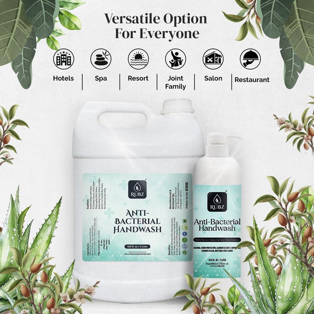Rubz Rubz Antibacterial Handwash Refill Pack 5 Litre with 500ml bottle | Paraben Free Liquid Gel | Complete Protection for Soft Hands | Best for Hotel, Spa, Salon, Family, Gym | Total 5.5 Litre