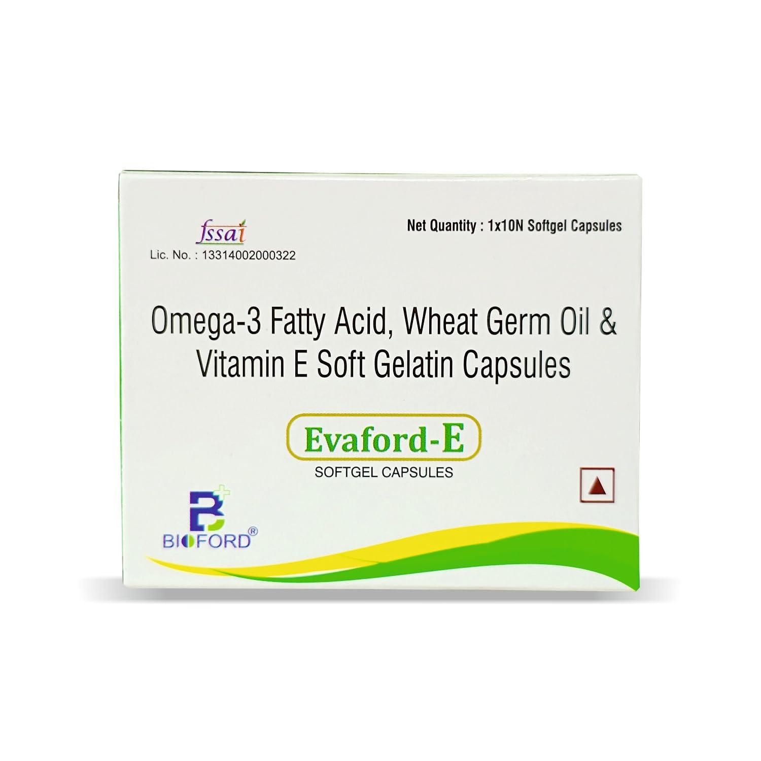 Bioford Bioford Evaford-E Rich Supplement of Omega 3 Fatty Acid and Vitamin E, Wheat Germ Oil for Better Heart, Improve Hair and Skin (10 Capsules)