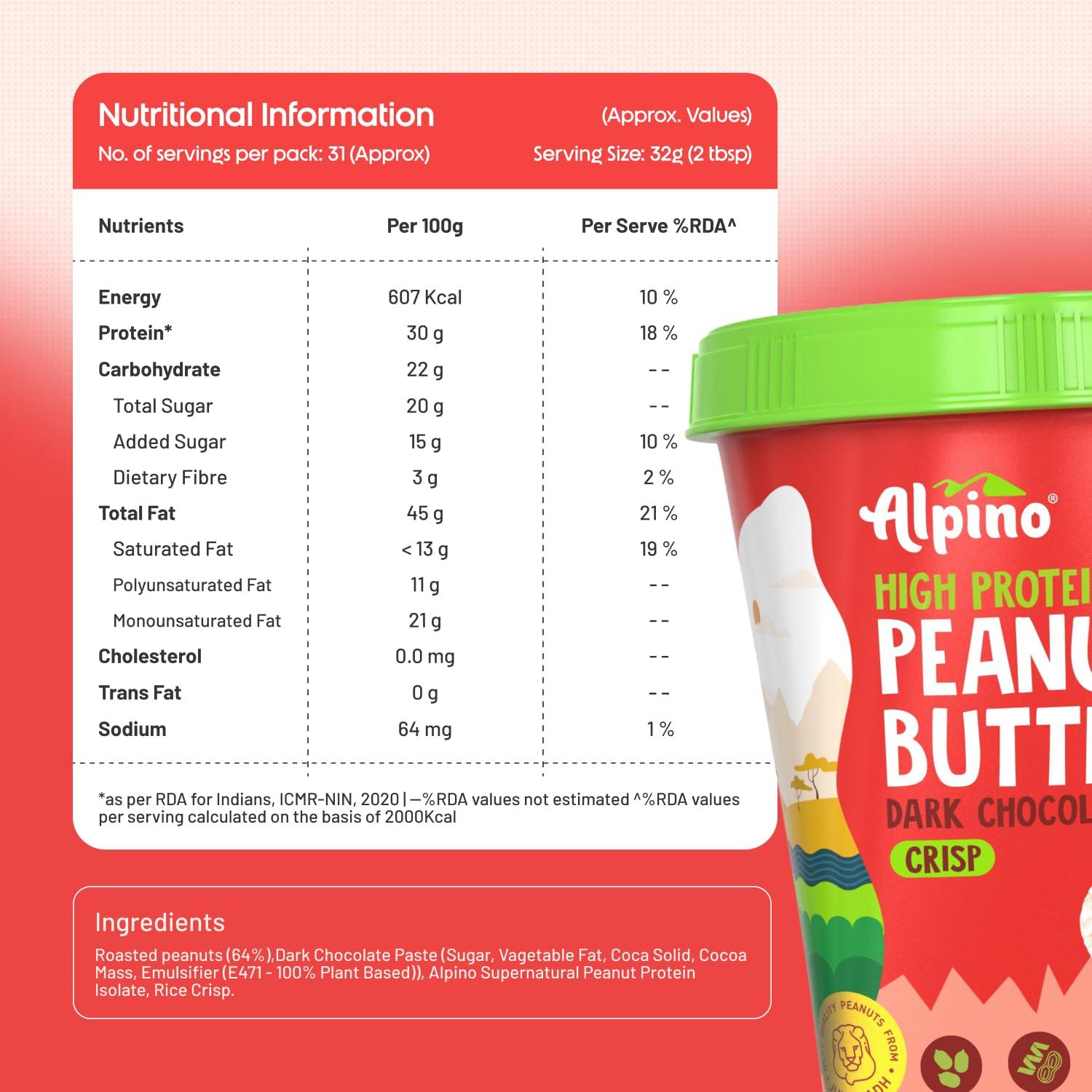 Alpino ALPINO High Protein Dark Chocolate Peanut Butter Crisp 500g - Roasted Peanuts, Dark Chocolate, Whey Protein & Pea Protein 30g Protein, non-GMO, Gluten Free - High Protein Peanut Butter Crispy