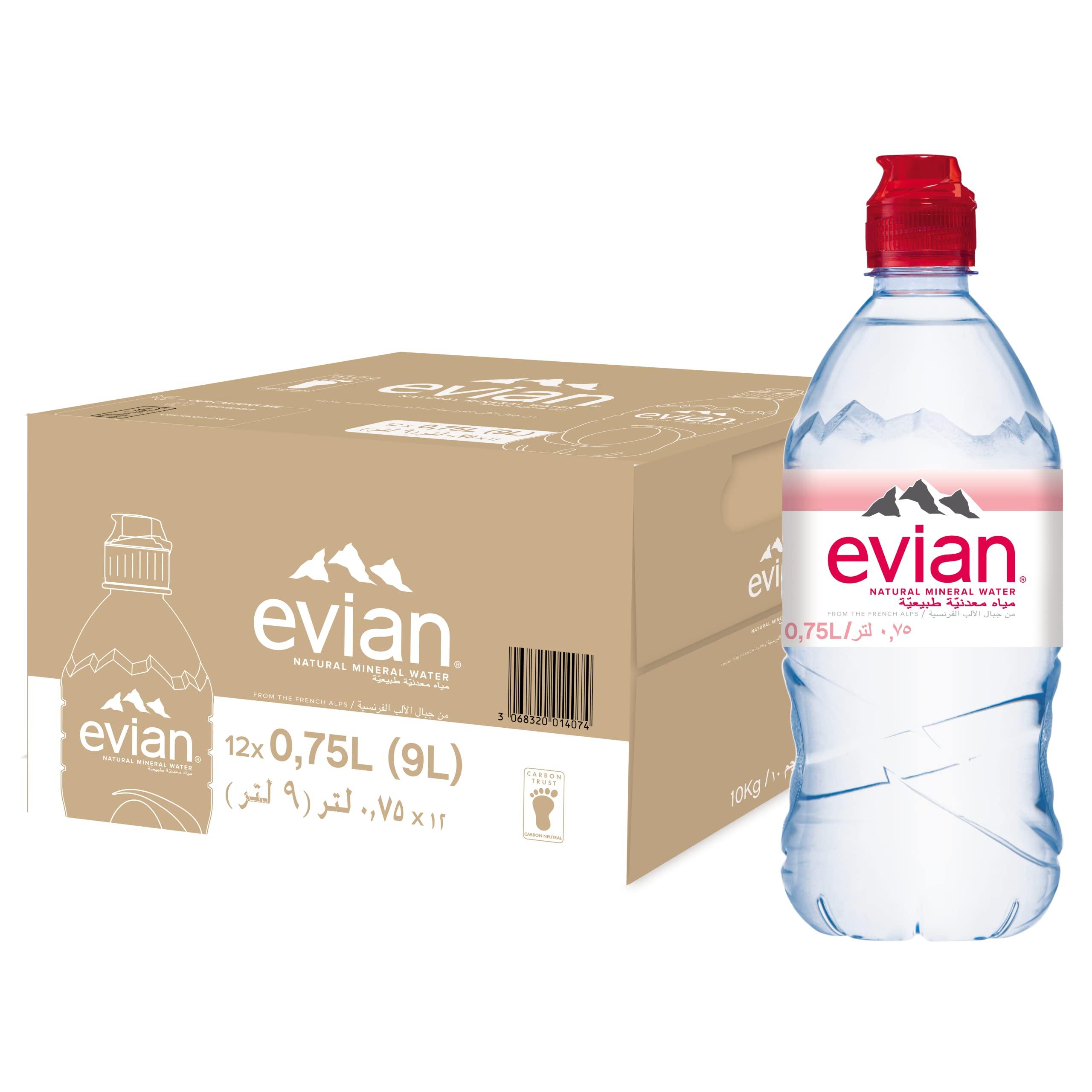 evian Evian Mineral Water, Naturally Filtered Drinking Water, 750ml Bottled Water Crafted by Nature, Case of 12 x 750ml Sports Cap Water Bottles