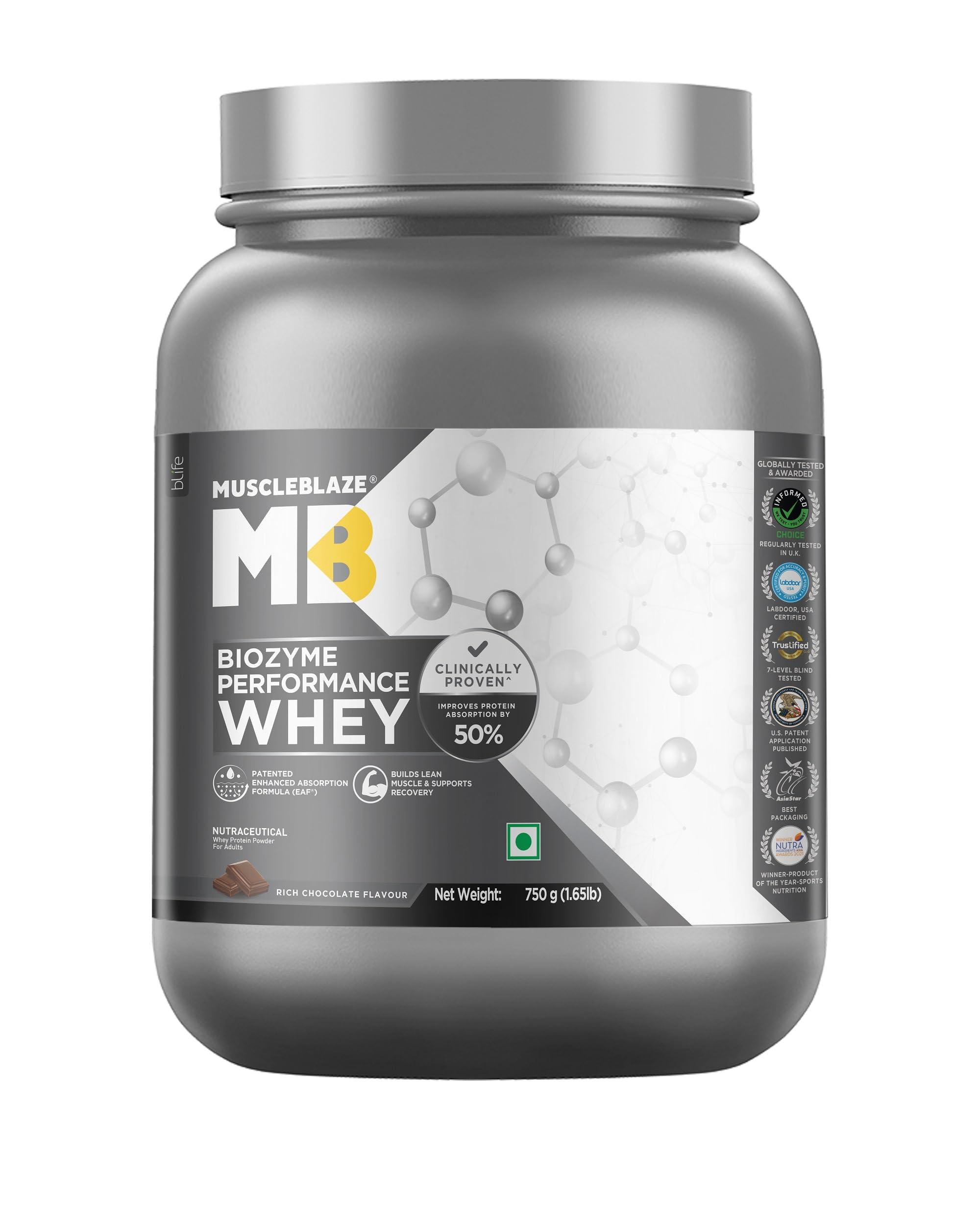 MuscleBlaze MuscleBlaze Biozyme Performance Whey Protein | Clinically Tested 50% Higher Protein Absorption | Informed Choice UK, Labdoor USA Certified & US Patent Filed EAF (Rich Chocolate, 750 g / 1.6 lb)