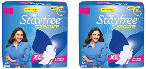 Stayfree Stayfree Secure xl | Cottony Soft Sanitary Pads for Women | With LeakLock Technology | Odour Control | Absorbs upto 100% fluid | Up to 12 Hours of Protection | 40 Pads (Pack of 2)