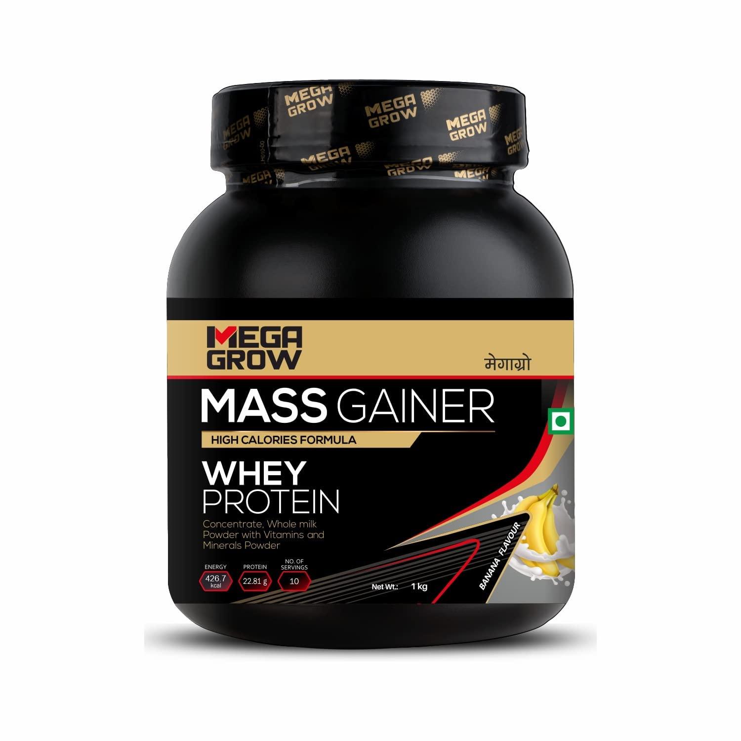 MEGAGROW Megagrow Mass Gainer 1kg Banana Flavor High Calorie Whey Protein Powder for Muscle Growth & Muscle Buidling Pre/Post Workout Supplement for Men & Women - Total 10 Servings