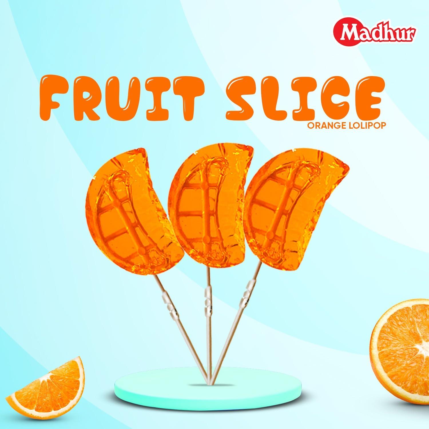 MADHUR Madhur Fruit Slice Shape Orange Flovoured Lollipop For Kid\'s, Baby, Child, Birthday Gift |Yummi Treat With Orange Flavour | 1 Box of 24 Pices, Made in India