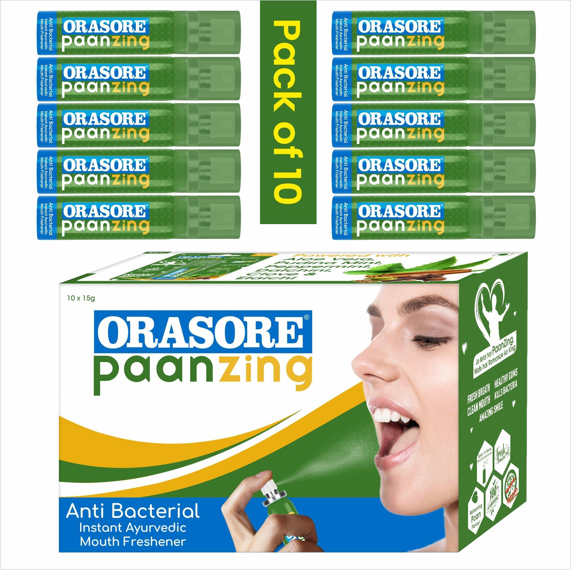 ORASORE PaanZing Instant Mouth Freshener Spray by Orasore | Paan, Aloe Vera, Pudina, Peppermint, Cinnamon, Clove & Elaichi | Anti Bacterial & Long Lasting, Germ-free Blend (Pack of 10)
