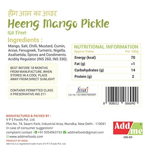 Add me Add me Hing achar Mango Pickle 1Kg Without Oil. heeng aam ka Pickles 2 x 500gm Glass Pack