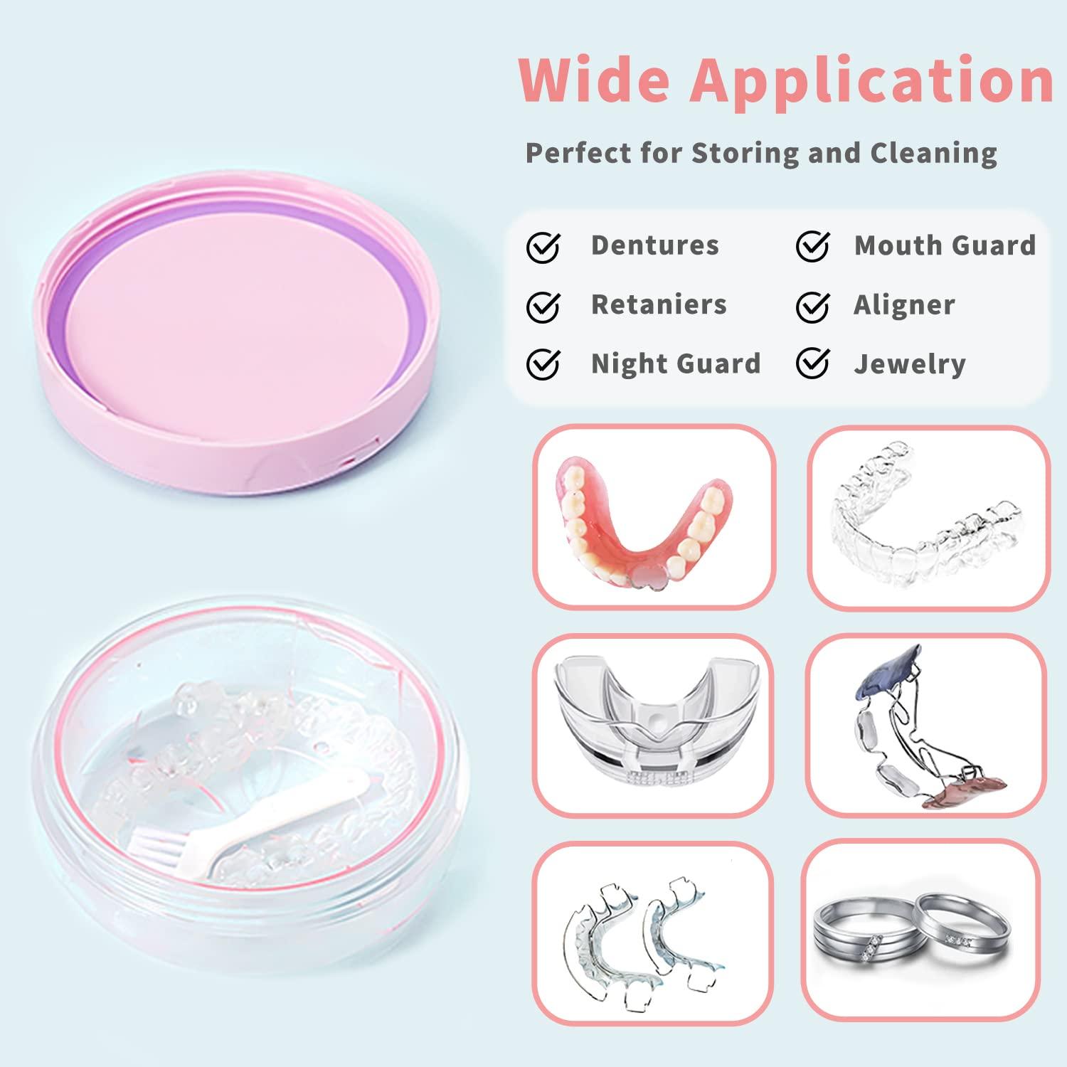 JOYSTOR Denture Cup Retainer Case, Leak-proof Denture Case Bath Soaking Container, Retainer Aligner Mouth Guard Night Guard Cleaner Case with Strainer Basket for Traveling, for Women & Men (Pink)