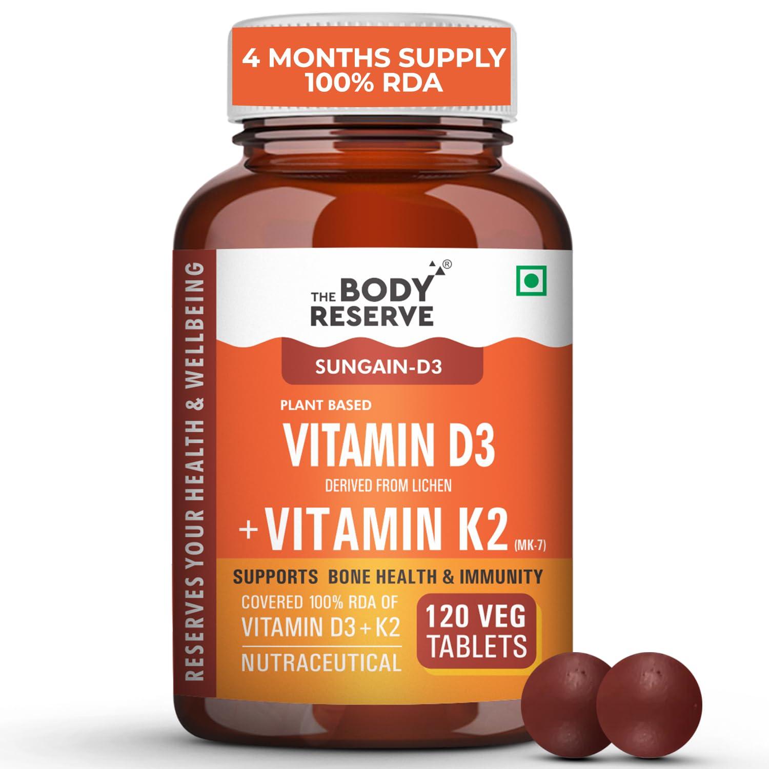 The Body Reserve The Body Reserve Vitamin D3 K2 MK7-120 Veg Tablets, 100% RDA Plant-Based Vitamin D3 Supplement from Lichen Source with Vitamin K2 as MK7 Menaquinone