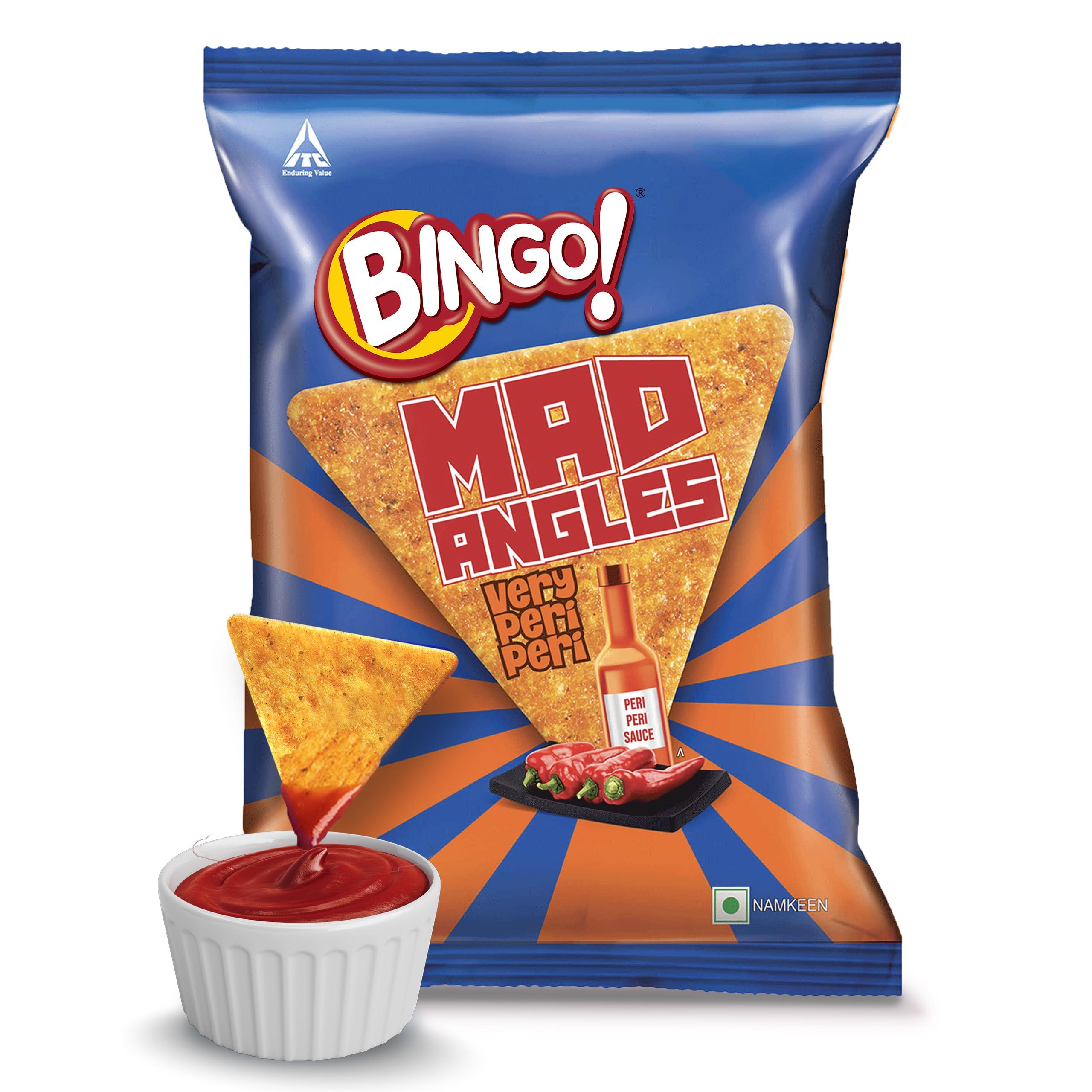 Bingo! Bingo Mad Angles Very Peri Peri - Spicy & Crunchy Corn-Based Triangle Chips Pack For Snacks 117 Gram/130 Gram