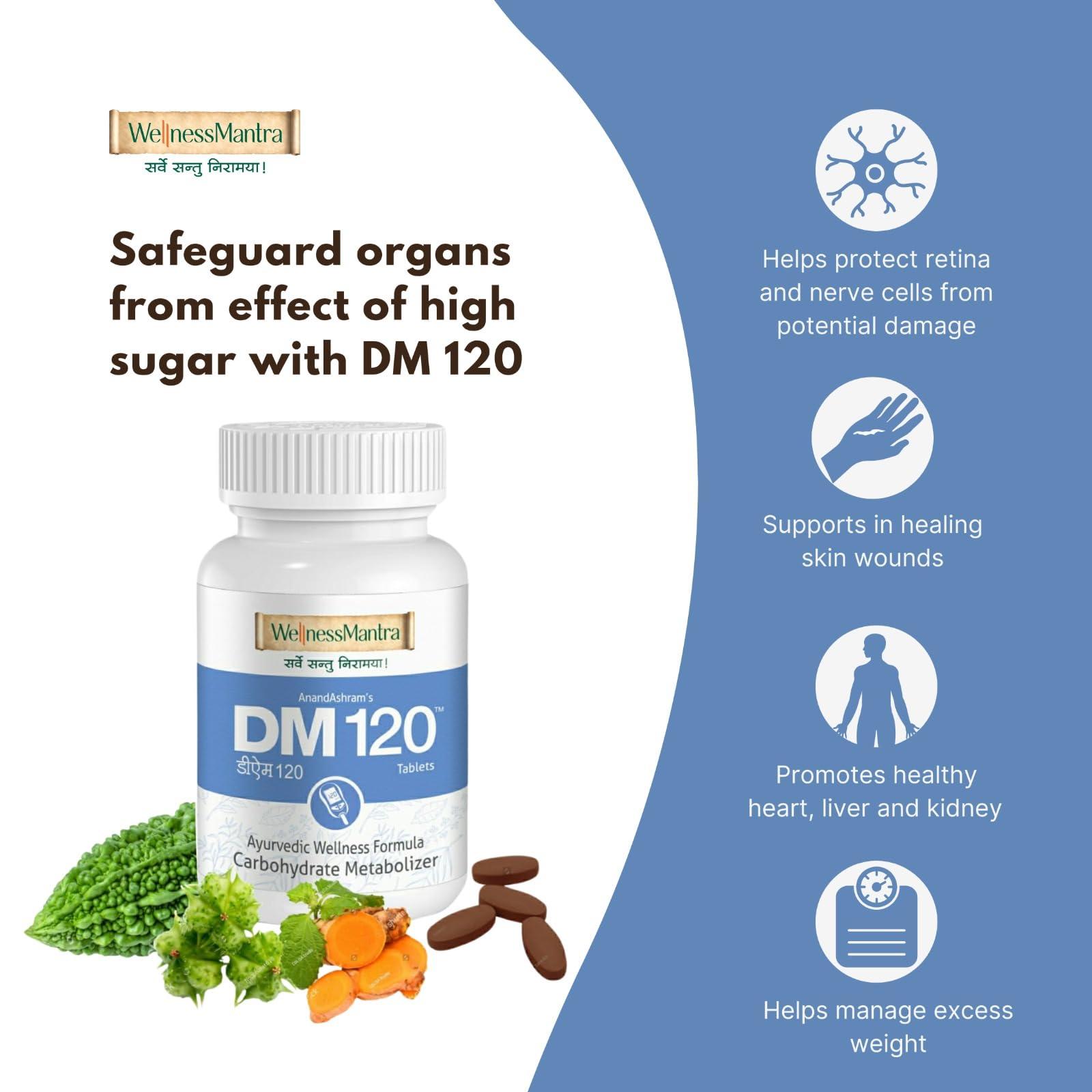WellnessMantra Wellness Mantra DM 120 | Diabetic Care | Blood Sugar Control Ayurvedic Tablets | Helps to Protect From Long Term Complications of Diabetes | Gudmar, Jamun, Karela, Methi & 16 More Herbs (Pack of 2 - 120 Tablets)