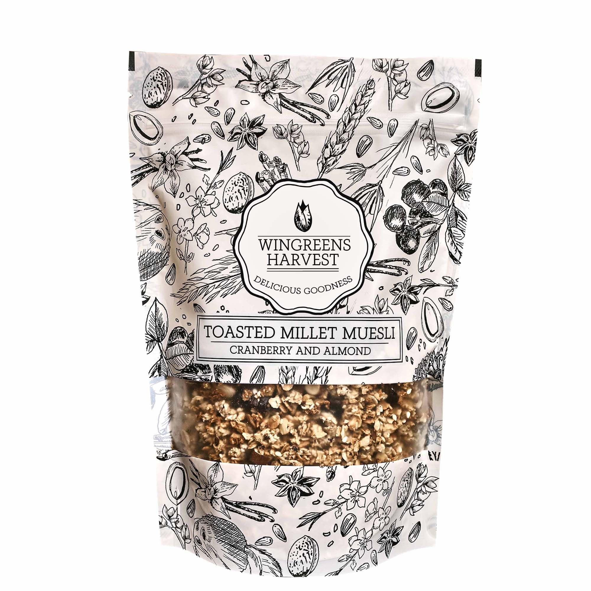 MONSOON HARVEST Wingreens Harvest Toasted Millet Muesli 250 g, Cranberry & Almond, Natural, Breakfast Cereal, Healthy Gluten-Free Cereals with Whole Grains, Dried Fruits, Nuts and Seeds, No Artificial Preservatives