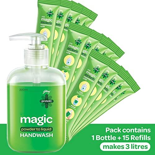 godrej protekt Godrej Protekt magic Powder-To-Liquid Handwash - Bottle + 15 Refills | 135g (Makes 3 Litres)