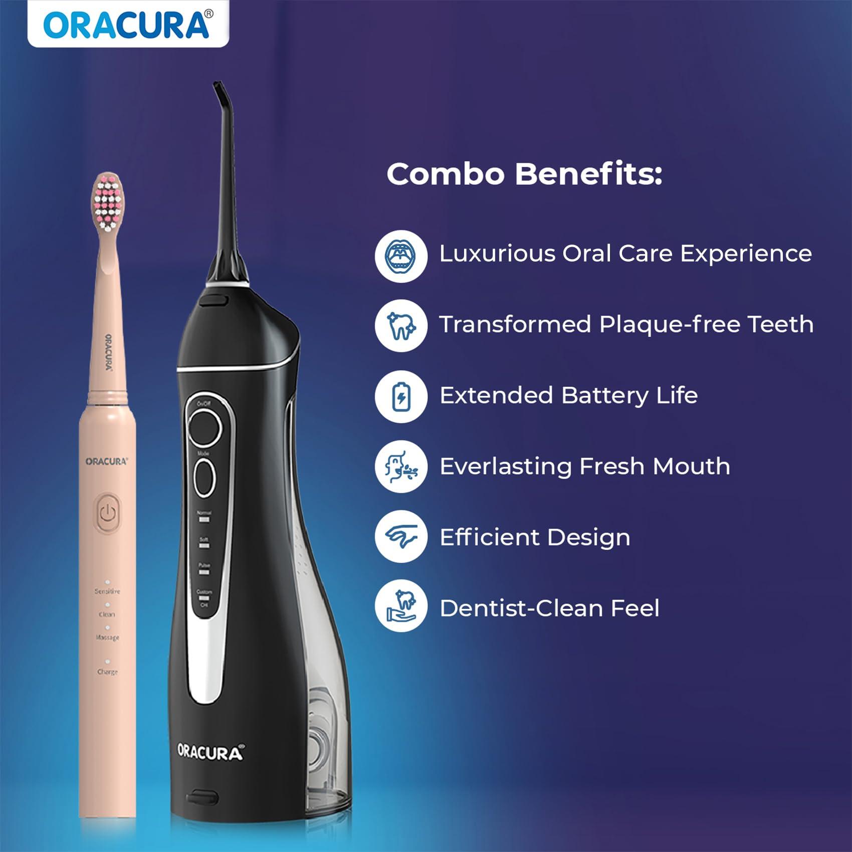 ORACURA ORACURA Daily Care Combo OC200 Smart PLUS Water FlosserBlack & SB200 Sonic Lite Electric Rechargeable Toothbrush Peach