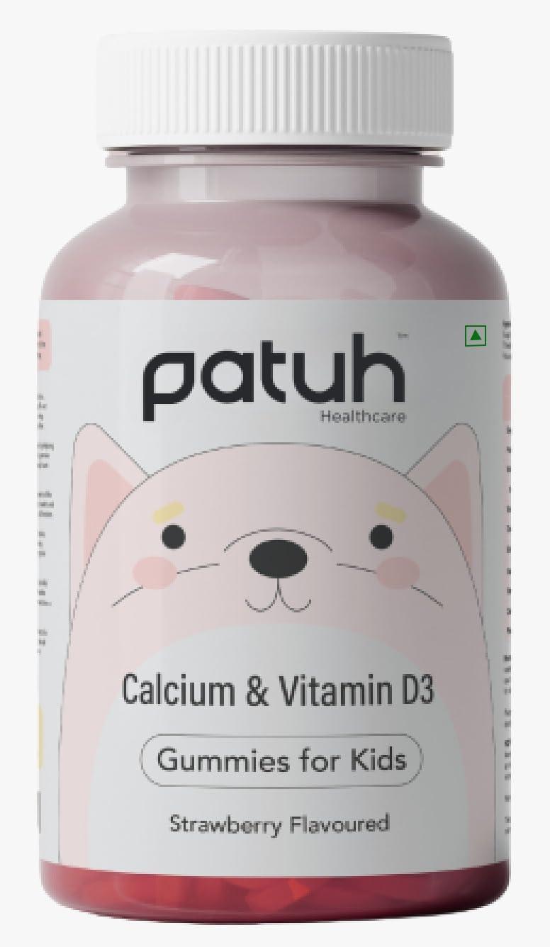 PATUH HEALTHCARE Patuh Healthcare Calcium and Vitamin D3 Gummies for kids (4 years+) | 30 Day Pack | Calcium and D3 Gummies for Kids | 100% Vegetarian, Natural Strawberry flavour
