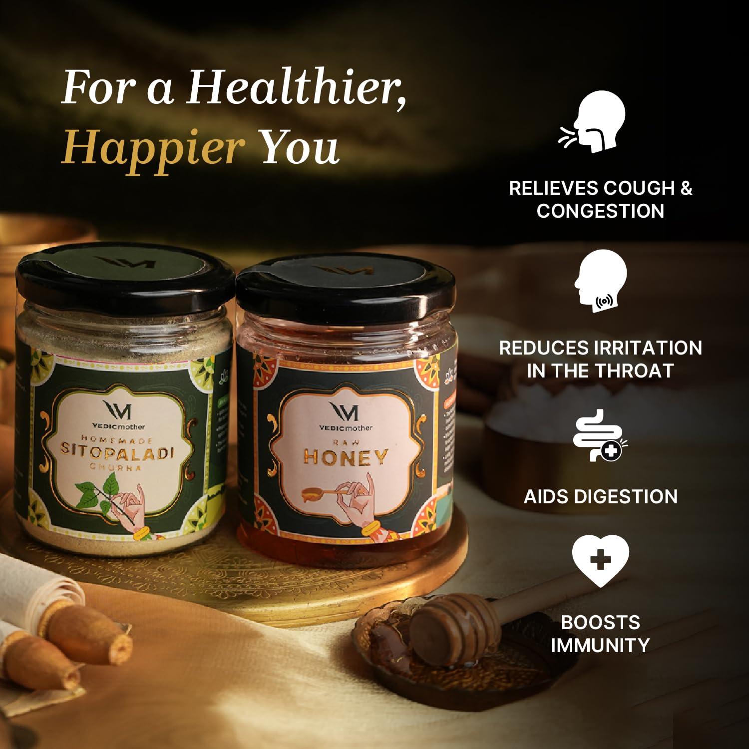 Vedic mother Vedic Mother Cough and Cold Combo Pack of Honey 350gm & Sitopaladi 150gm | Certified Handmade Products with Blend of Natural Herbs & Ingredients | No Added Preservatives