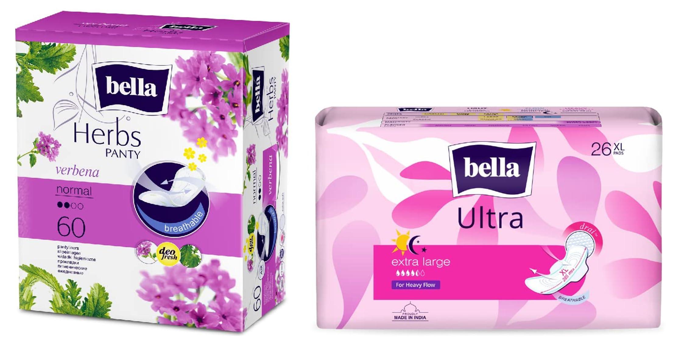 Bella Bella Ultra Drai Sanitary Napkins Extra Large 26 Pcs & Herbs Panty Liners, (Verbena Medium)(Pack Of 60)
