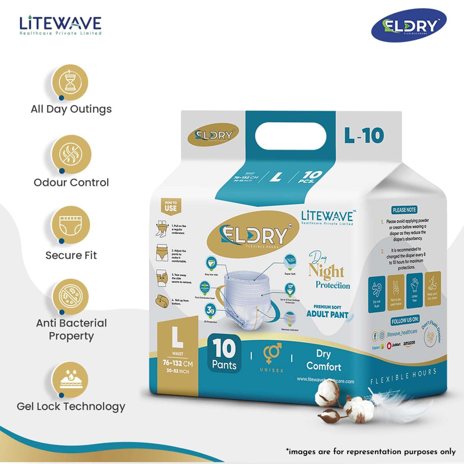 ELDRY ELDRY Unisex | Premium Soft Adult Pant Style Diapers | 60 Counts | Large (L) Size 76-132Cm (30\'\'-52\'\' Inch) | Leakproof, Wetness Indicator, 12 hrs Overnight Protection | (Pack of 6)