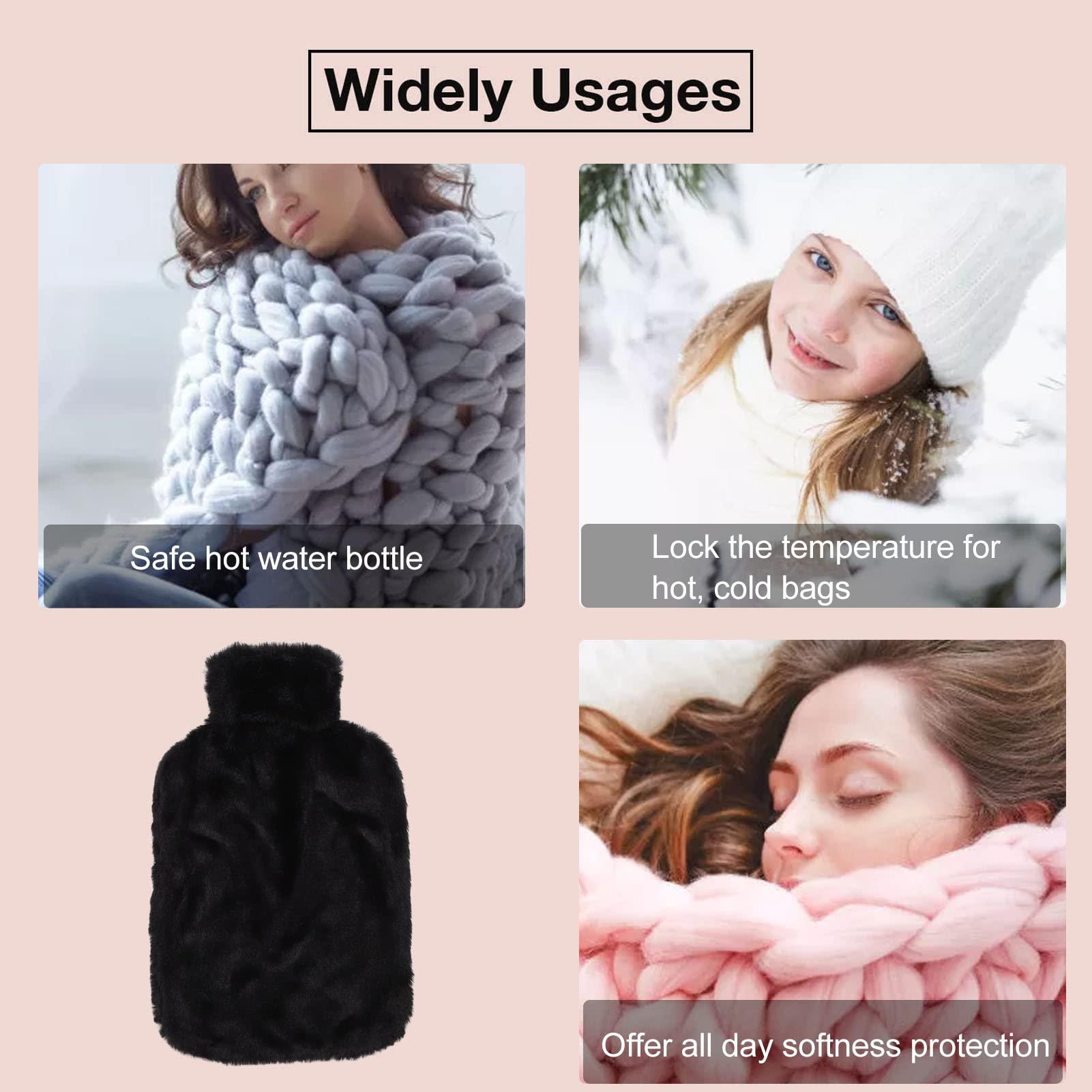 SoarUp Plush Hot Water Bag, 2000ml Hot Water Bottle Wide Water Inlet Rubber Wool for Neck (Black)