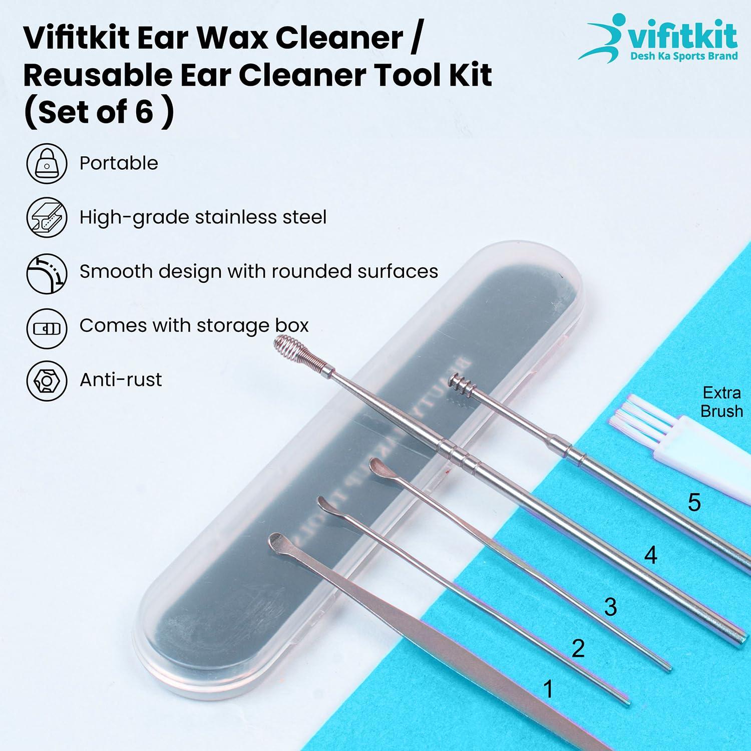 VIFITKIT VFK by Trendy Home Ear Cleaning Kit (Pack of 1), Reusable Ear Wax Cleaner Tool Set with Storage Box - Ear Wax Remover Tool Kit with Ear Curette Cleaner and Spring Earbuds Cleaner (6 Pcs, Stainless Steel)
