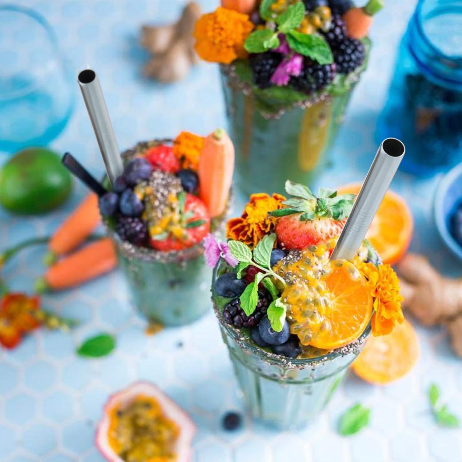 HIWARE [Angled Tips] 5 Pcs 10\" Reusable Boba Straws & Smoothie Straws, 0.5\" Wide Stainless Steel Straws, Metal Straws for Bubble Tea/Tapioca Pearl, Milkshakes, Jumbo Drinks | 2 Cleaning Brushes & 1 Case