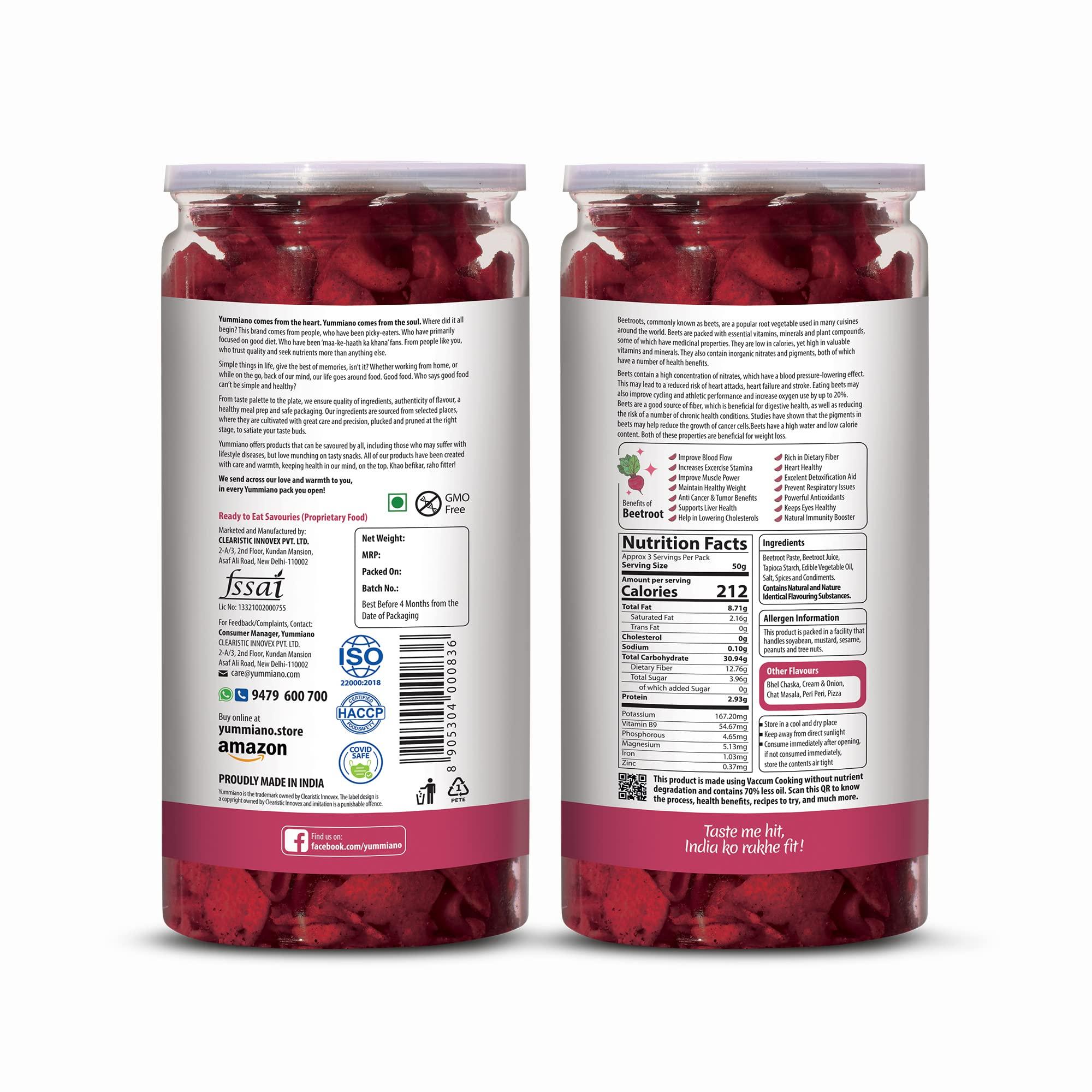 Yummiano Yummiano® Beetroot Chips - Authentic Vacuum Cooked Beetroot Chips, Zero Cholesterol Healthy Snacking with High Nutrient Content, No Added Preservatives - Pack of 2-140g Each (Bhel Chaska + Jalapeno)