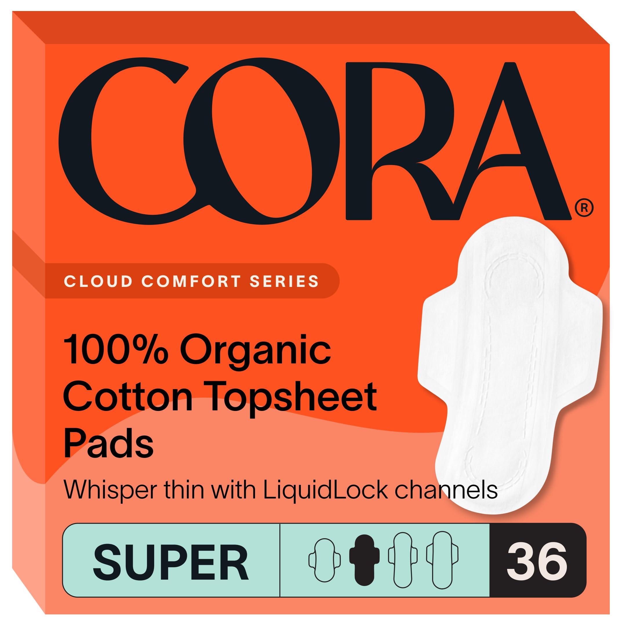 Cora Cora Ultra Thin Organic Cotton Period Pads, Super Absorbency, with Wings & Dry Wicking Technology (36 Count)